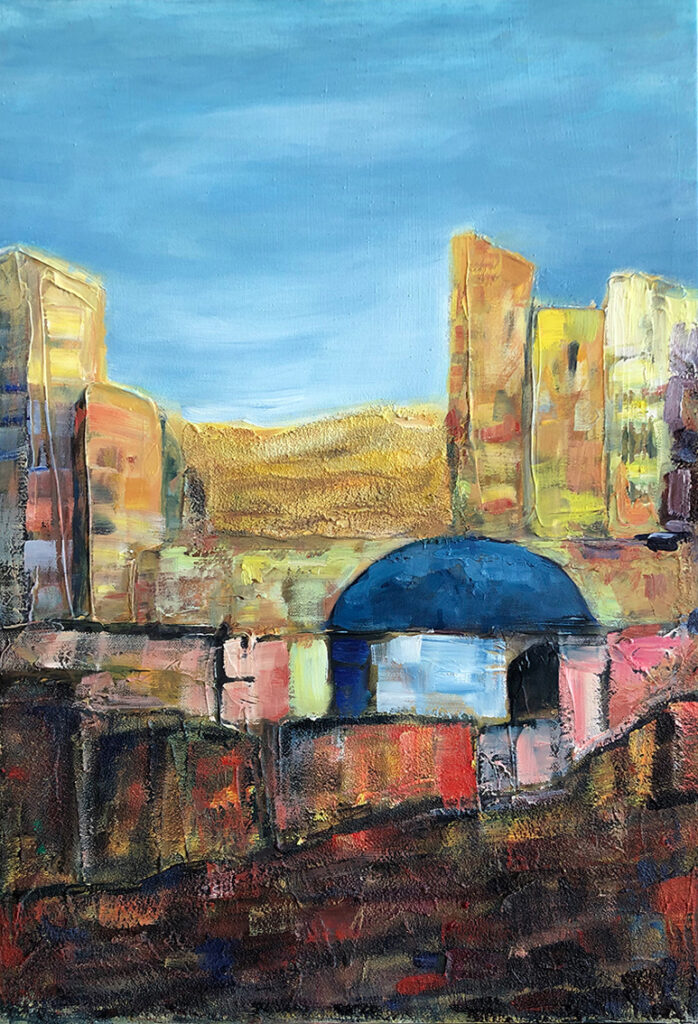 Acryl-Gemälde "Stadt in der Wüste" aus dem Jahr 2019, erstellt von Gabriela Berger