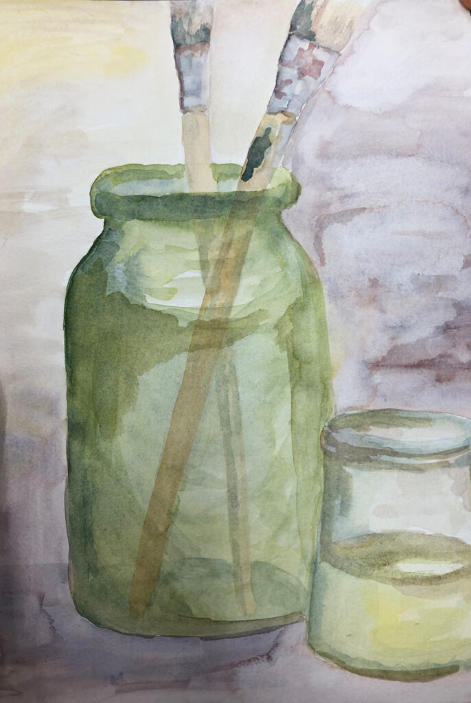 Aquarell-Gemälde "Glas mit Pinsel" aus dem Jahr 2019, erstellt von Gabriela Berger