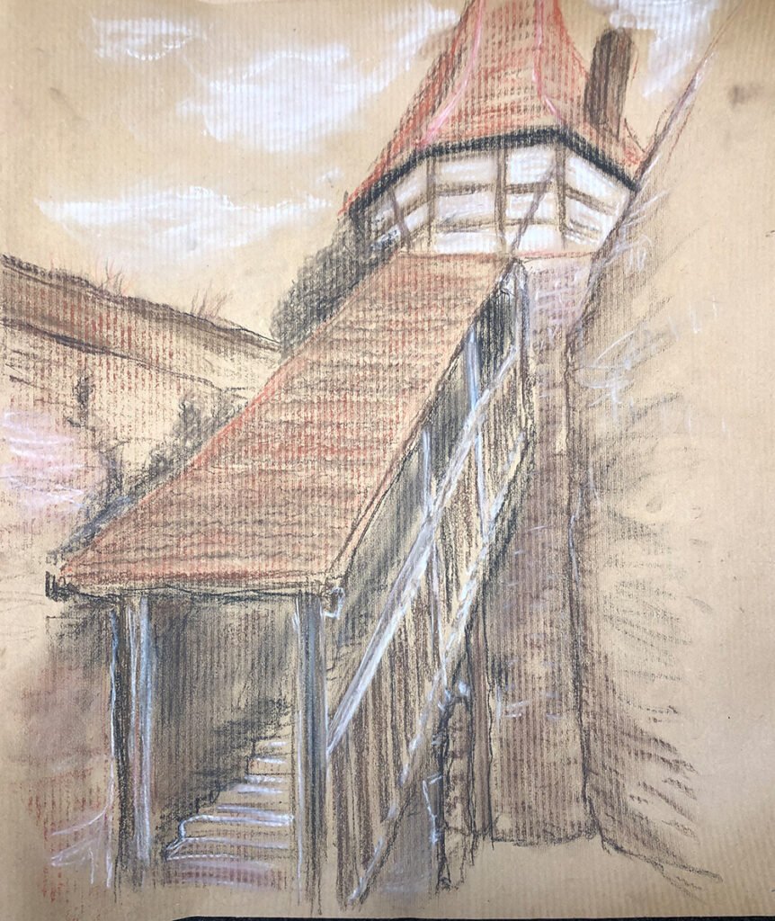 Kreide-Zeichnung "Stadtmauer in Prichsenstadt/Deutschland" aus dem Jahr 2019, erstellt von Gabriela Berger